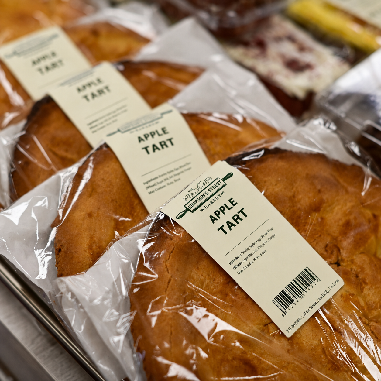 Packaged apple tarts on a tray with Simpson's Street Bakery labels in the bakery chiller