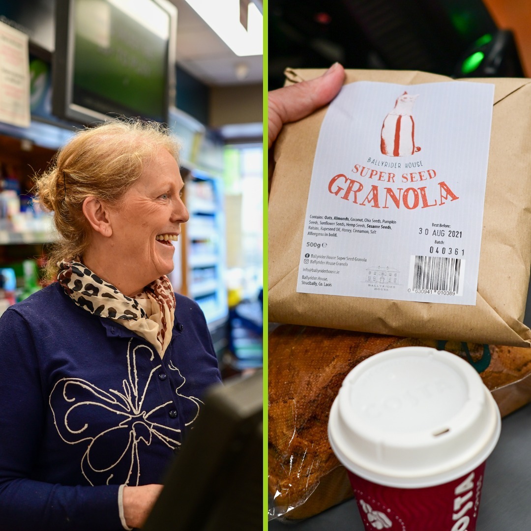 A member of the Simpson's Gala team at the till, alongside a bag of locally made Ballyrider House granola with a fresh loaf and a Costa Coffee cup
